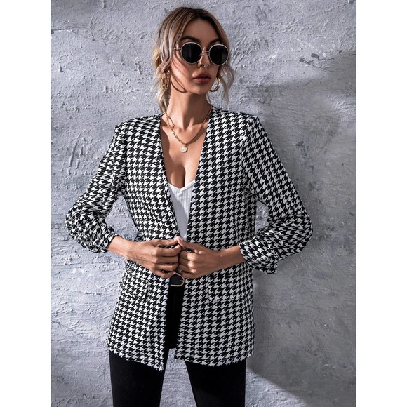 Minimalist Business Casual Open Front Houndstooth Blazer black white - Picture 1 of 5
